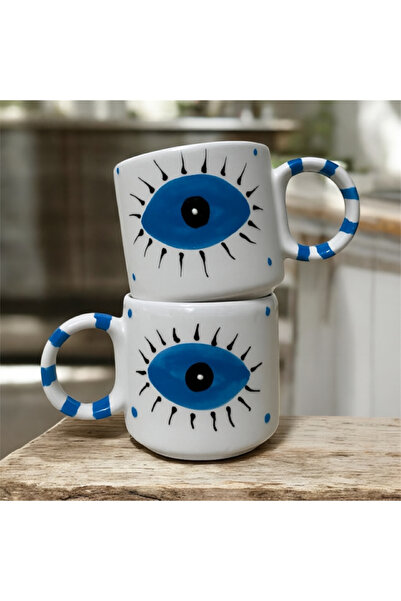 ADEN LİNA ART WORKSHOP Eye Patterned 2-Piece Completely Handmade Ceramic Mug