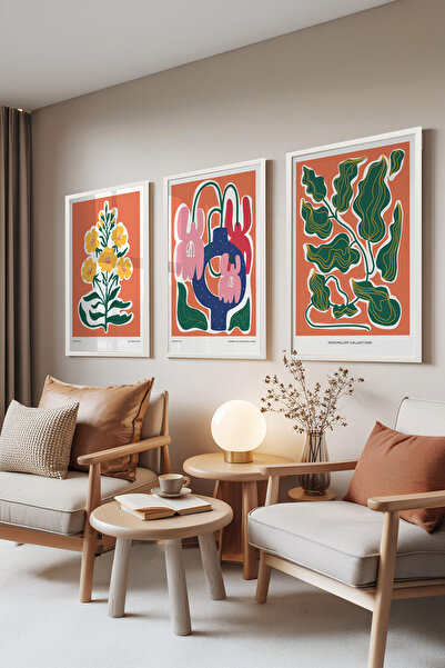 Zestia Set de 3 tablouri cu ramă albă, ilustrație florală boho portocalie – S...