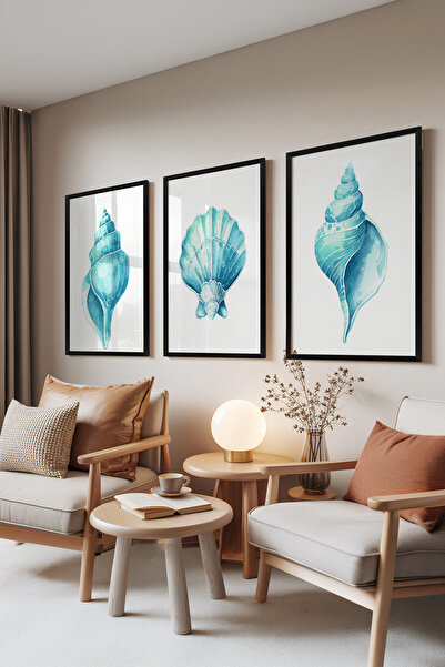 Zestia Set de 3 tablouri cu ramă neagră, nuanțe de scoici și turcoaz, Set pen...