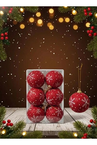 Genel Markalar 6 cm Kırmızı Kadife Kar Tanesi Desenli Yılbaşı Ağacı Süsü Seti...