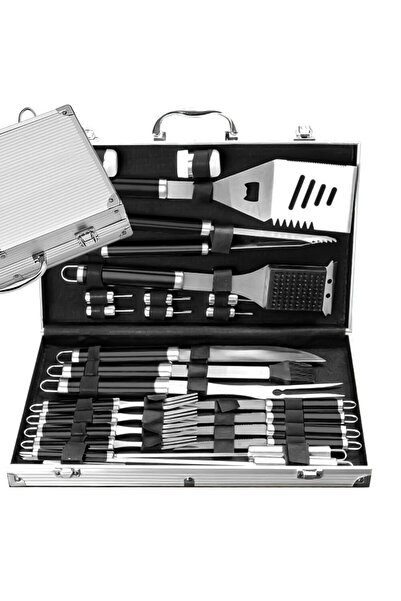 KESNUP Set de ustensile pentru grătar cu 33 de piese, oțel inoxidabil premium, geantă de transport din aluminiu, 44 x 30 x 8 cm, argintiu