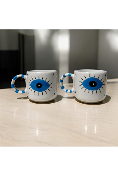 ADEN LİNA ART WORKSHOP Eye Patterned 2-Piece Completely Handmade Ceramic Mug