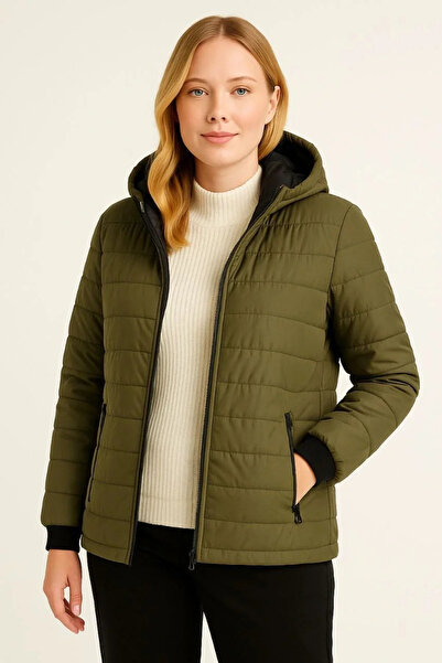ruum fashions Women's Puffer Jacket with Hooded Zippers, Water-Repellent, Quilted Lining, Fabric Pockets, Winter Comfortable Fit - Khaki