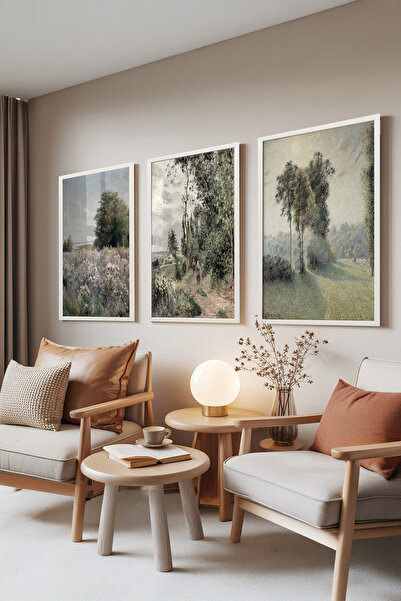 Zestia Set de 3 tablouri cu ramă albă, peisaj clasic – tonuri delicate, set p...