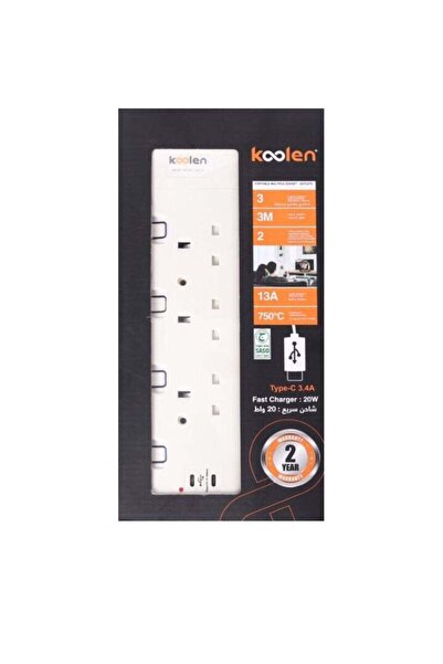 Koolen Colin 3-port power strip with 3-meter cable and 2 Type-C ports
