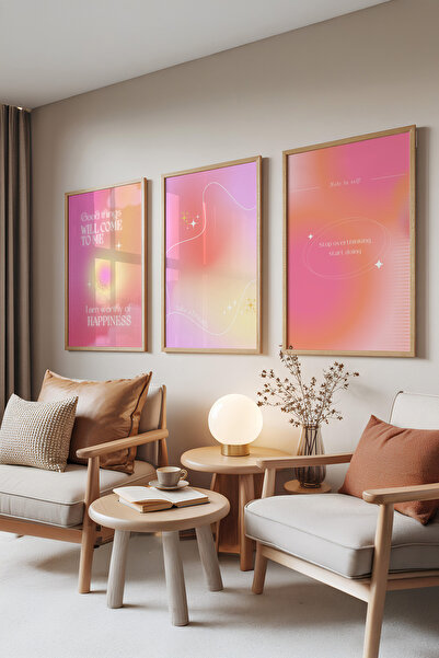 Zestia Set de 3 tablouri cu rame din lemn, tipografie pastel – tonuri de roz,...