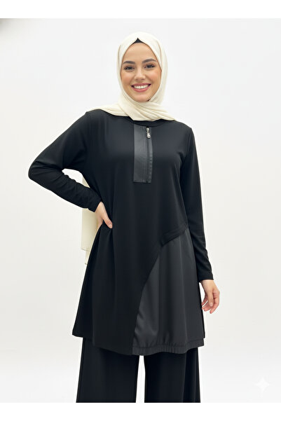 CELTMODA Women's Leather Zipper Detailed Hijab Double Set - Black