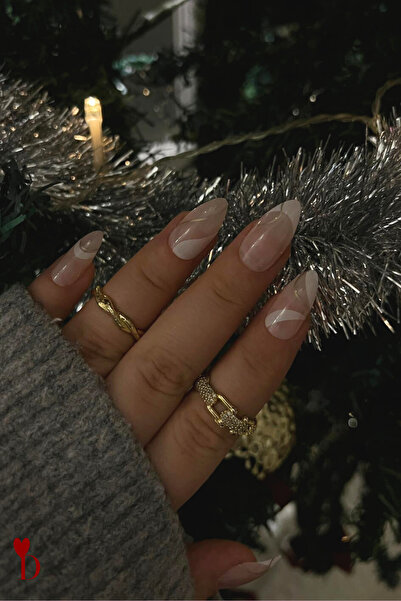 Dami Beauty 24'lü Desenli French Badem Takma Tırnak Seti | Beyaz Uçlu | Yapış...