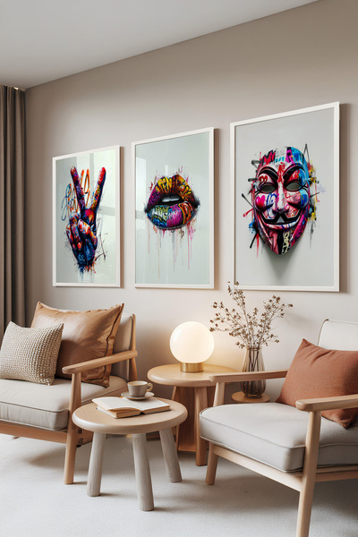 Zestia Set de 3 tablouri cu ramă albă, Neon Graffiti – Artă stradală, Set pen...