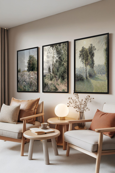 Zestia Set de 3 tablouri cu ramă neagră, peisaj clasic – tonuri delicate, set...