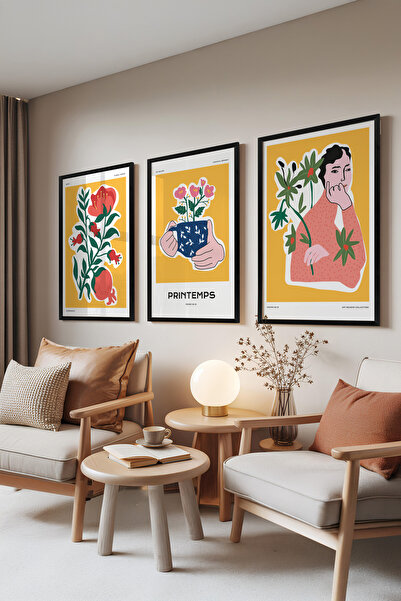 Zestia Set de 3 tablouri cu ramă neagră, Botanică și ilustrații în galben – S...