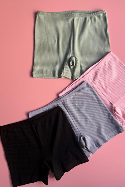 Elosia Cotton Hug | 4-Pack Black, Pink, Green and Blue Ribbed Knit Fabric Cotton A-Line Women's Short Shorts-Boxer
