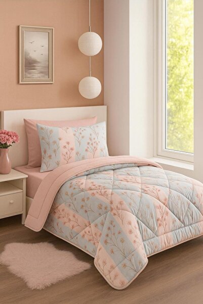 Arma Concept Single Double-Sided Floral Patterned Wellsoft Quilt 155X215 + 1 Pillowcase