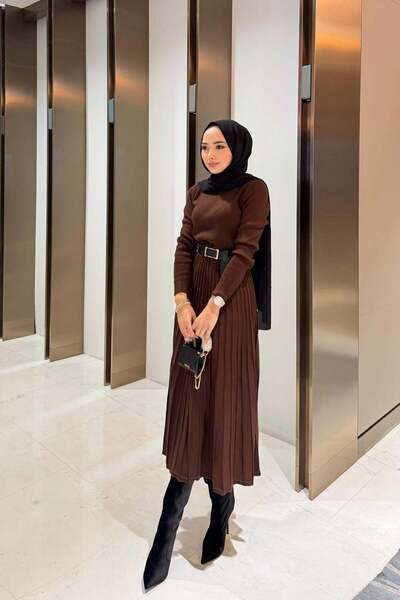 Rimel Moda Elora Piliseli Elbise Kahverengi