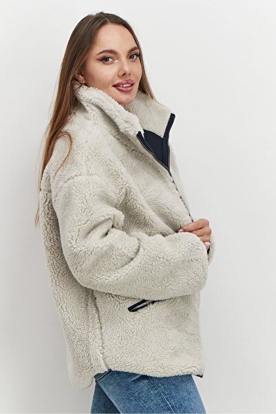 Tchibo Women Mock Neck Full Zip Plush Jacket, Light Grey