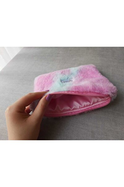 Pembe&Mavi Renk Saten Astarlı Peluş Makyaj Çantası/Kalemlik