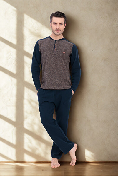 bigmama طقم بيجامة رجالي شتوي باللون الأزرق الداكن/البني المخلوط مع ياقة مطوي...