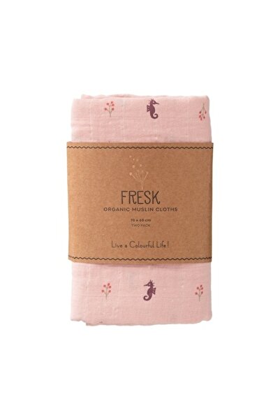 fresk Set 2 Păturici Muselină 70x60 cm, Bumbac GOTS, Model Căluți de Mare, Albastru/Bej