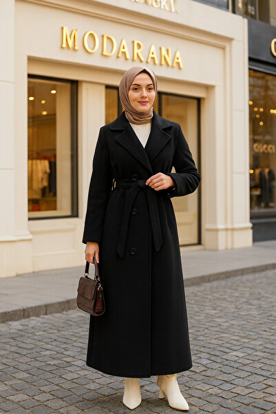 Modarana Tam Boy Tesettür Kaşe Kaban/Manşetli Kuşaklı Kaşe Kadın Kaban