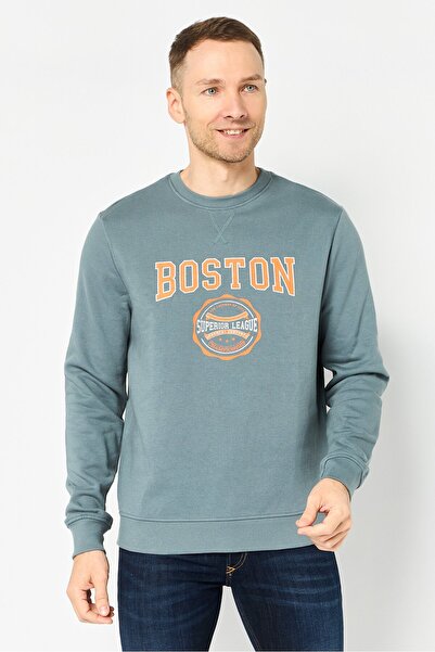 Threadbare Men Ribbed Neck Graphic Print Long Sleeve Sweatshirt, Sage Green