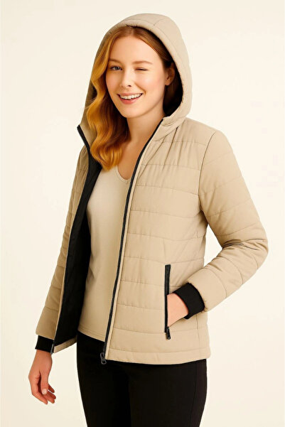 pazarella Inflatable Hooded Zippered Jacket Water Repellent Quilted Lining Fa...