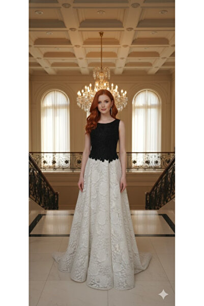 Zeyn KADIN ABİYE DANTEL DETAYLI A KESİM ÇİFT RENKLİ UZUN ELBİSE