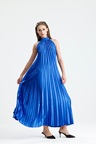 Sense Σατέν μάξι φόρεμα με ψηλό λαιμό και λεπτομέρεια πλισέ | Elb34513 μπλε κοβαλτίου