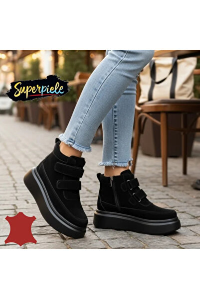 piele naturala Women's black suede leather boots with thick sole