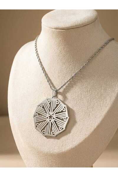 Fstyle Luxury silver necklace with an octagonal geometric design - modern Arabic calligraphy with a braided chain