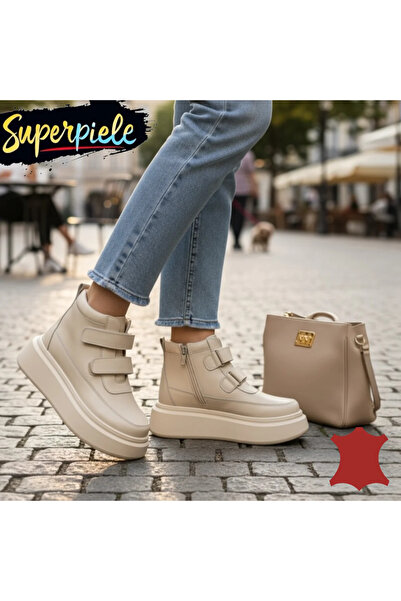 piele naturala Women's beige leather boots with thick sole