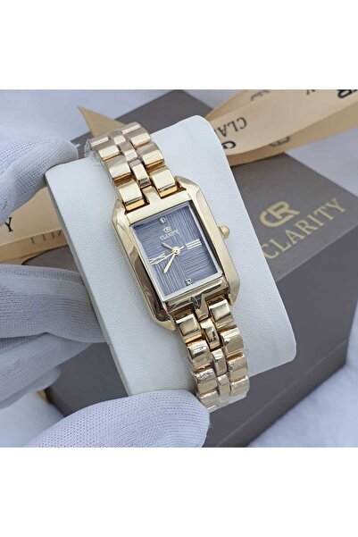Generic Clearty gold-tone watch with box, bag, and card; water-resistant; stainless steel watch.