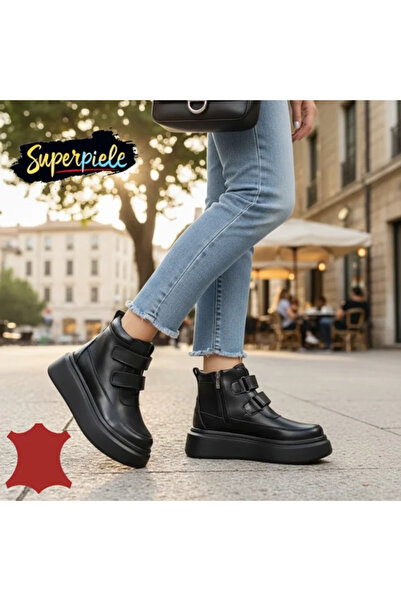 piele naturala Women's black leather boots without laces