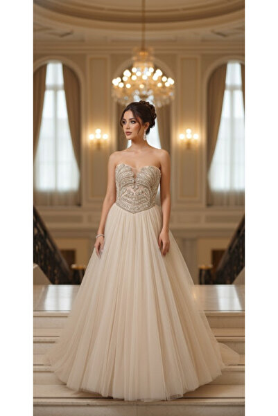 Zeyn KADIN ABİYE İŞLEME VE TAŞ DETAYLI PRENSES ETEKLİ UZUN ELBİSE