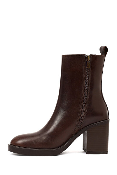 Derimod Women's Brown Zippered Thick Heeled Leather Boots 25Wfd203018