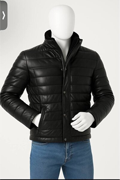 MODA Erkek Siyah Hakiki Kuzu Derisi Şişme Deri Mont Ceket
