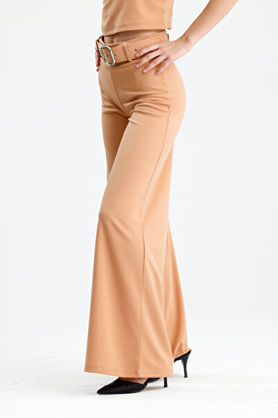 Sense Flared Scuba Crepe Trousers with Fabric Covered Belt on the Sides |   Pnt33393 Biscuits