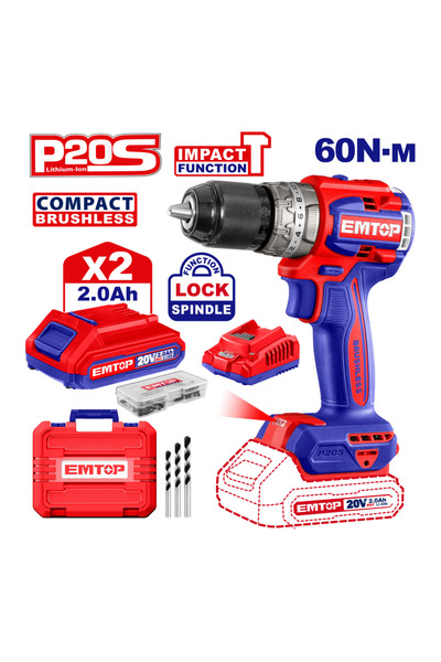 EMTOP Mașină De Găurit Cu Impact, Cu 2 Acumulatori, 60 Nm, Motor Fără Perii, ...