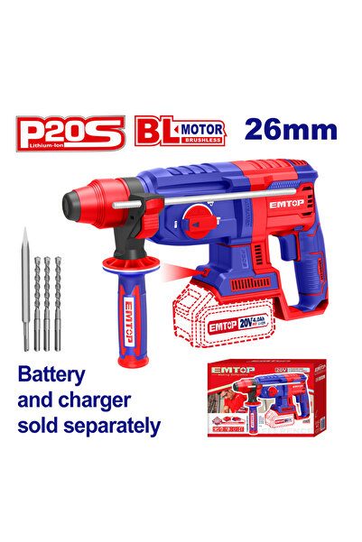 EMTOP Ciocan Rotopercutor Fără Acumulator Și Încărcător, 26 Mm, 4 Accesorii