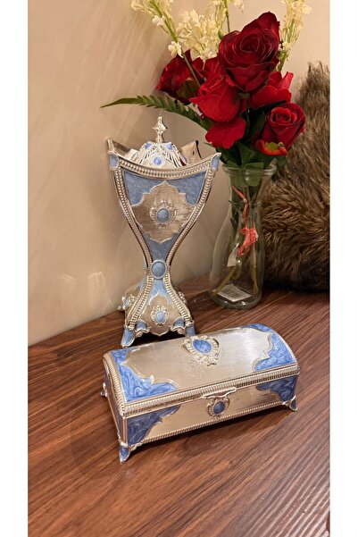 ALMASA مبخرة فاخر ه مع علبة عود سماوي فضي مربع