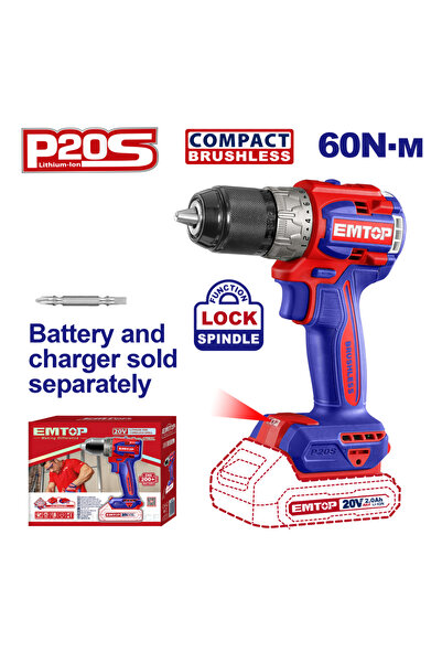 EMTOP Drill and Screwdriver Without Charger And Battery, Brushless Motor, 60 Nm