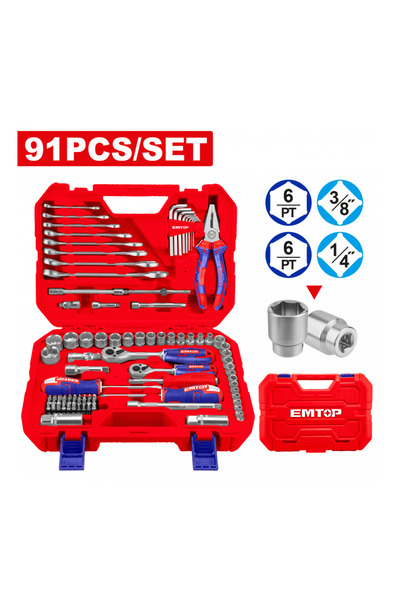 EMTOP Trusă Scule EHTS00911, 91 Piese, 1/4″ + 3/8″, Clichet 45T