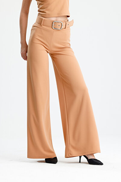 Sense Flared Scuba Crepe Trousers with Fabric Covered Belt on the Sides |   Pnt33393 Biscuits