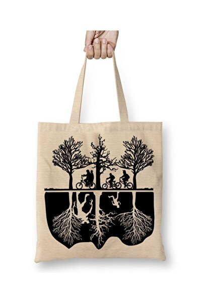 Toyaso Geantă de pânză albă pentru bicicletă Stranger Things, cu mâner lung, geantă de cumpărături, geantă de plajă