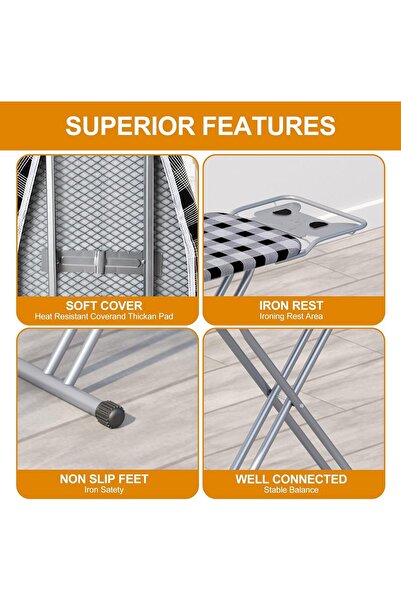 HYX Ironing Board 13 x 43 in Extra Wide, Thick Padded Cover, Height Adjustable - Checkered Gray