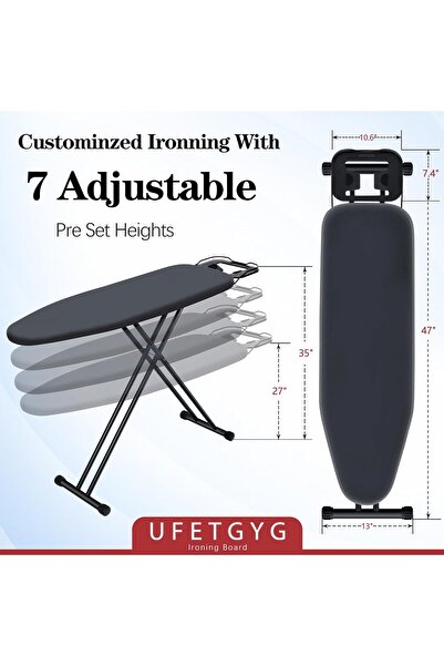 HYX UFETGYG 43"x13" Metal Ironing Board with Iron Rest, Height Adjustable, Heat-Resistant Cover, Grey