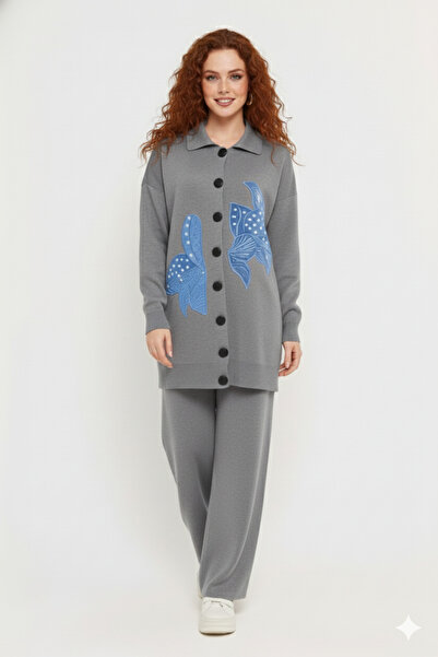 trendalisse Women's Denim Detailed Pearl Embroidery Knitwear Jacket Pants Set