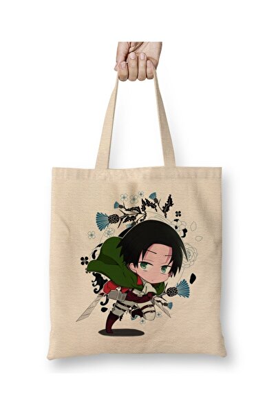Toyaso Attack on Titan Chibi Levi Ackerman White Cloth Bag Long Handle Shopping Bag Beach Bag