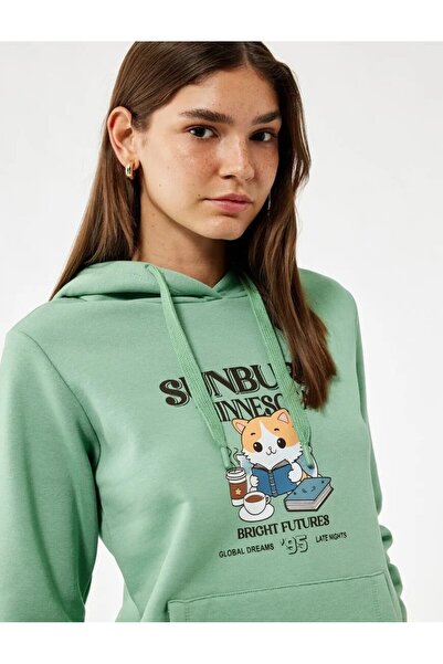 Koton Кенгуру джобен детайлен шардон котешки принт качулка суитшърт