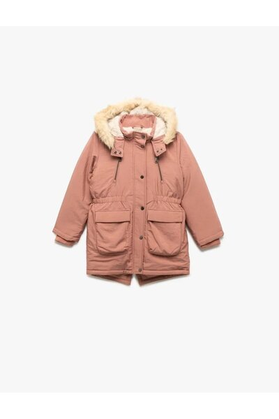 Koton Plush Detailed Long Sleeve Hooded Coat with Pockets