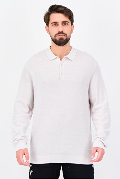 Reserved Men Spread Collar Textured Sweater, Ivory